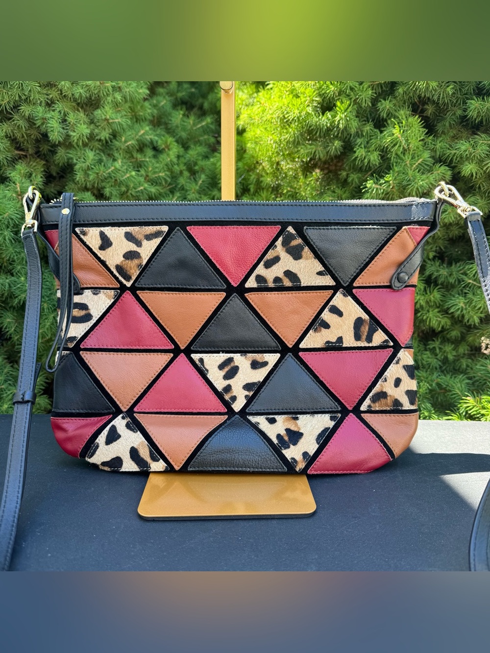 Clever Carriage Company Vintage Tri-Color Geometric Patch Crossbody Bag
